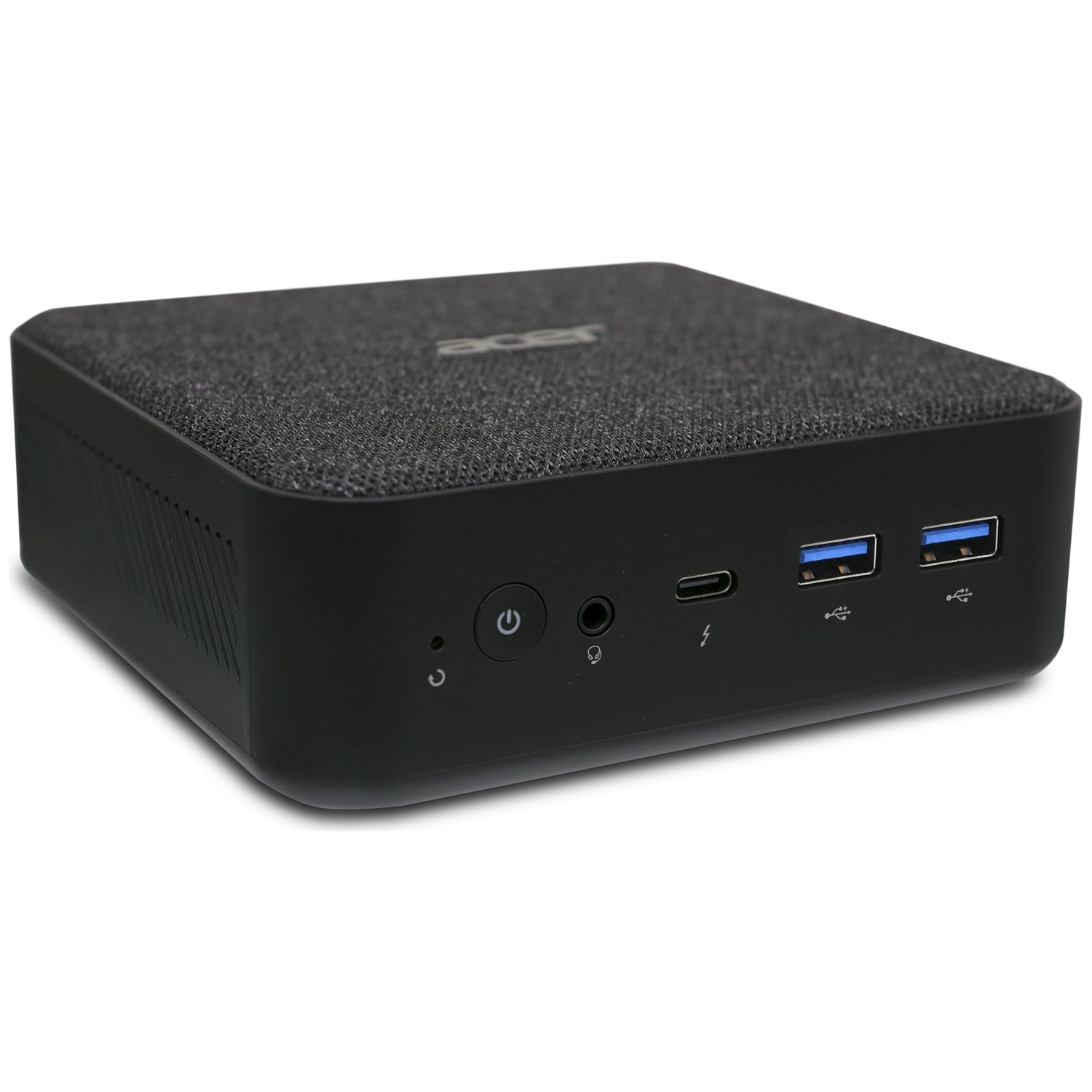 Black Acer mini PC with USB-C, headphone, and USB-A ports.
