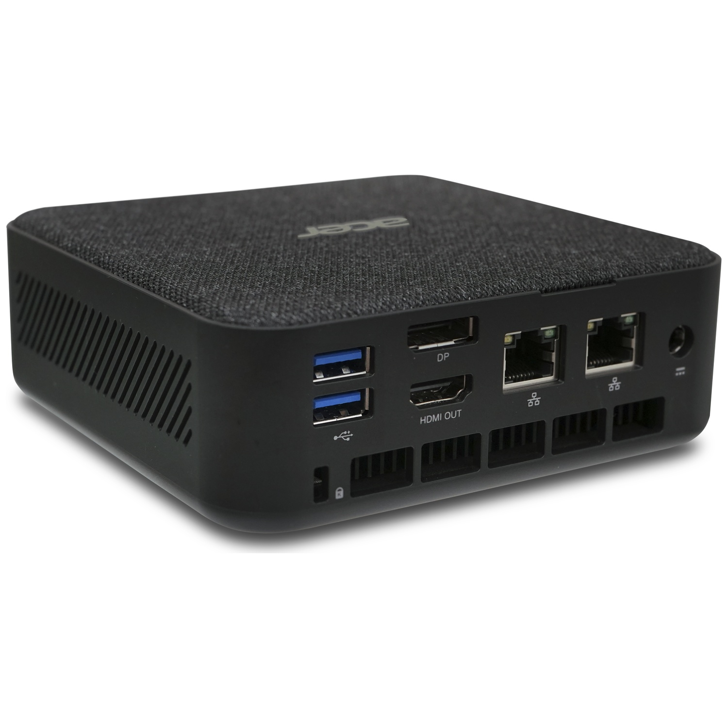 Black mini PC with fabric top, featuring USB, DP, HDMI, and Ethernet ports.
