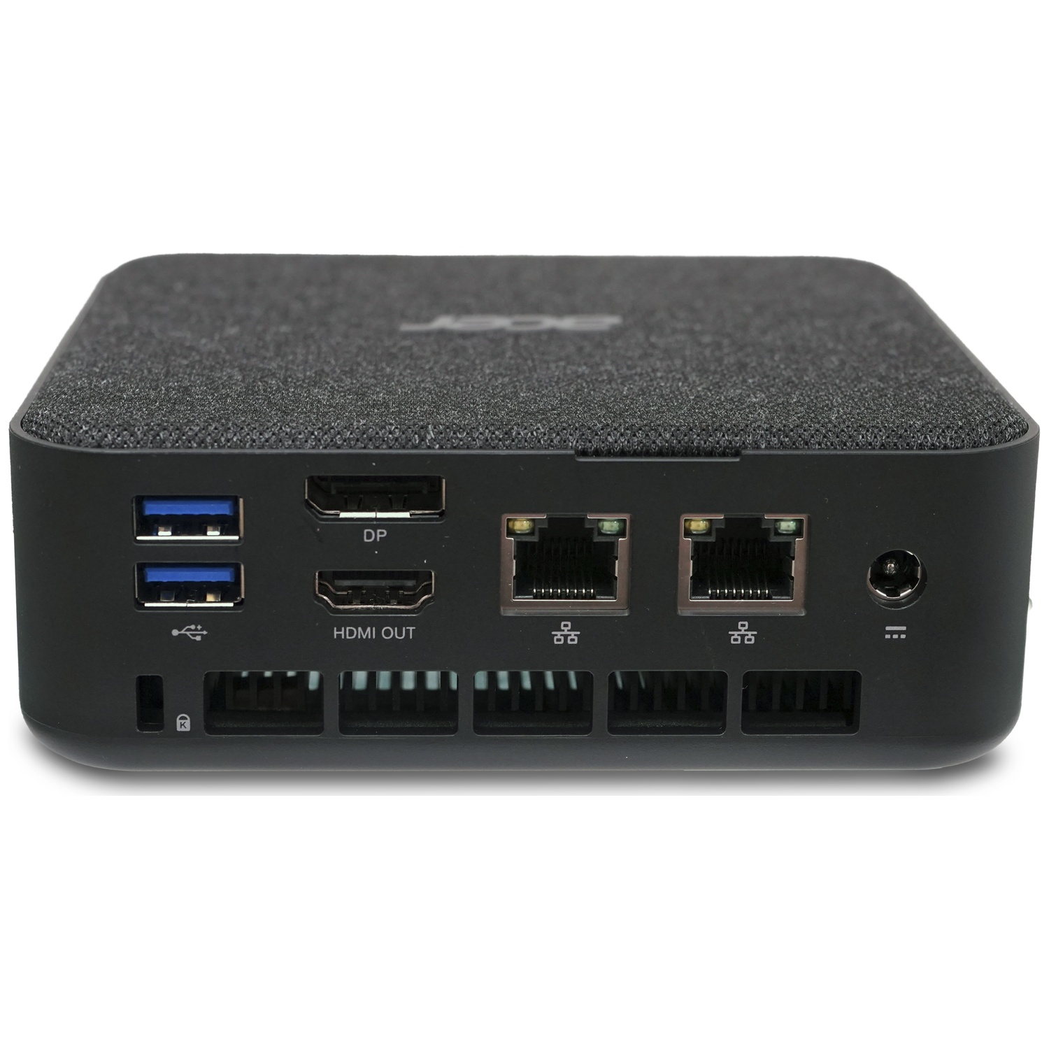 Back of a black mini PC with USB, DP, HDMI, and Ethernet ports.