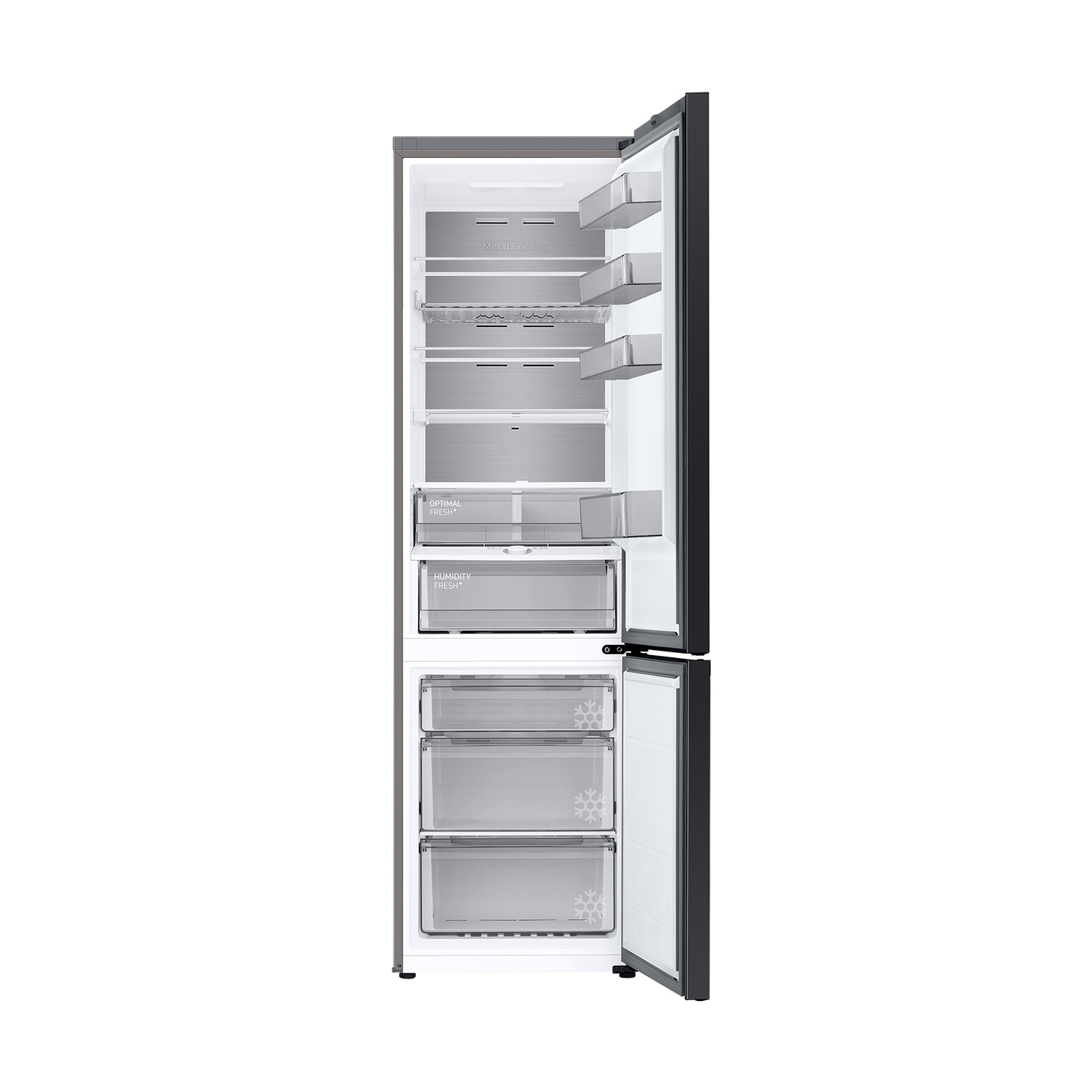 Un refrigerador abierto que muestra varios estantes y cajones en su interior.
