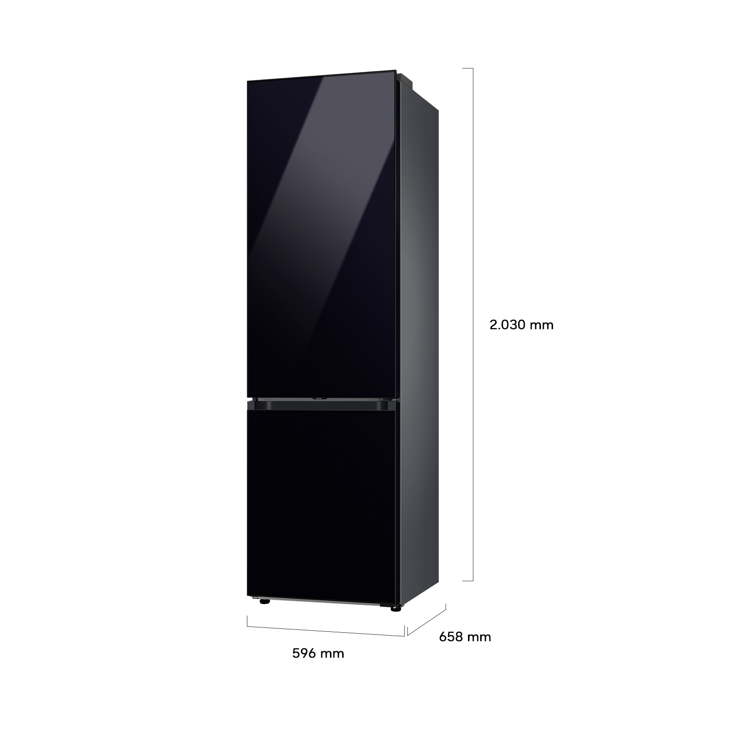 Refrigerador negro con frente de cristal, alto 2030 mm, ancho 596 mm, fondo 658 mm.