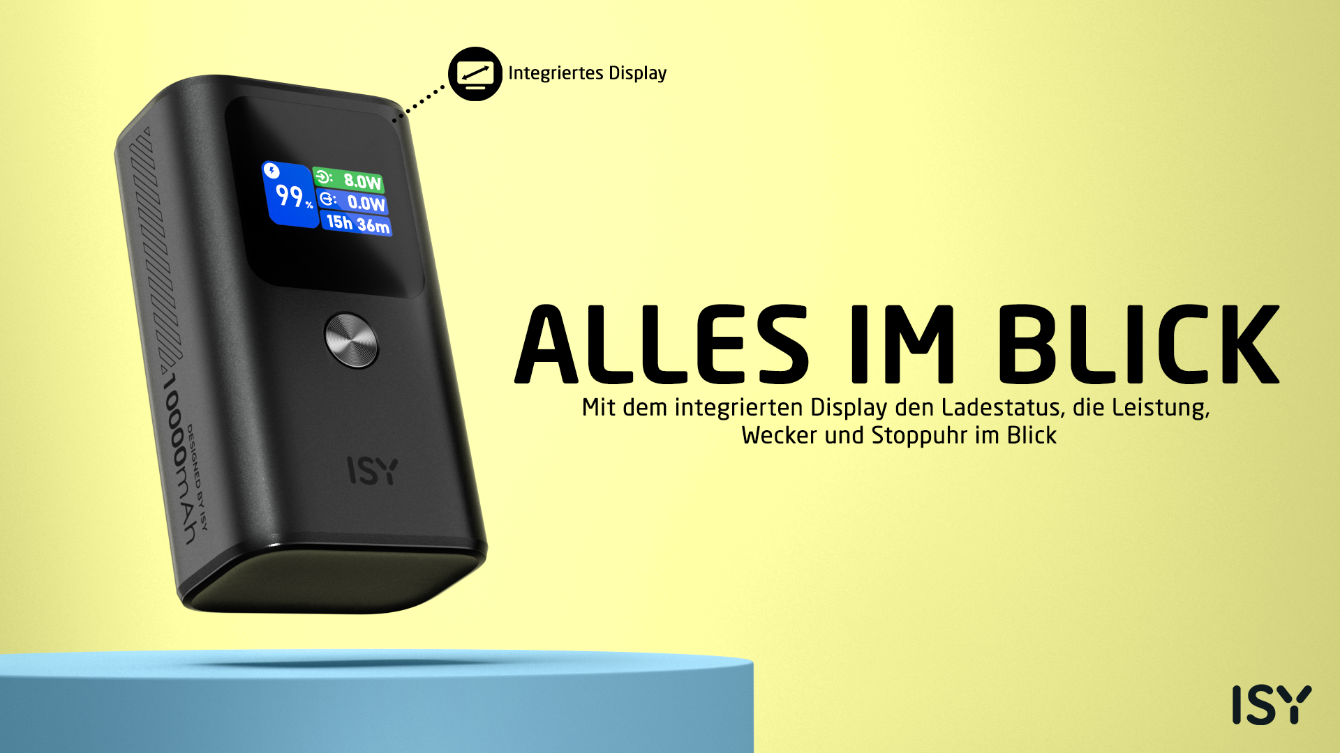 Schwarzes ISY Ladegerät mit Display zeigt 99% Ladung, 8.0W, 0.0W, 15h 36m.