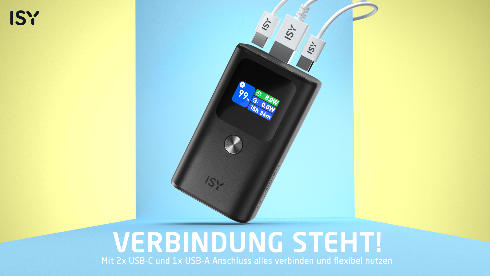 Schwarzes ISY Ladegerät mit drei Kabeln, Bildschirm zeigt 99% Akku.