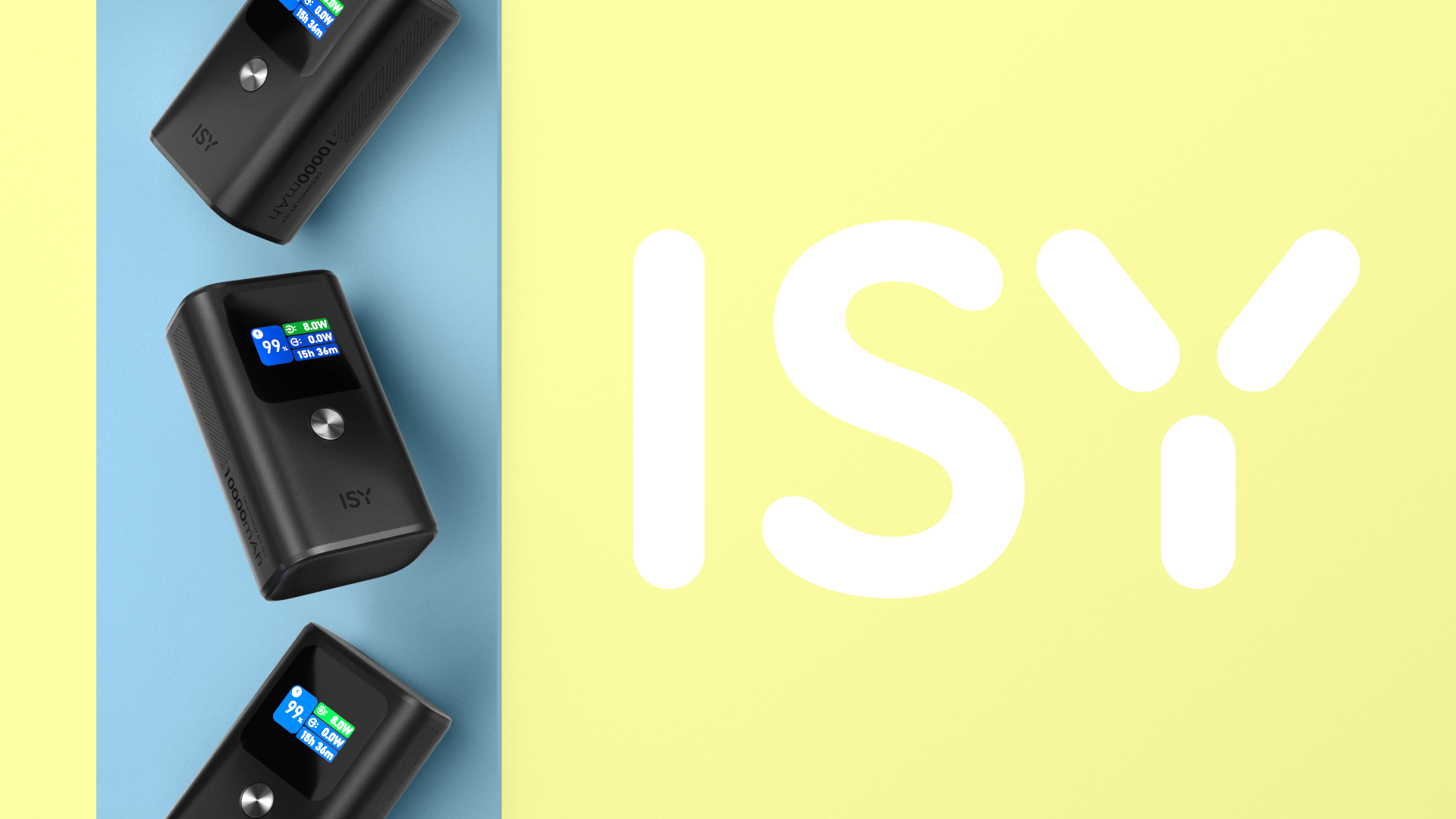 Drei schwarze ISY Powerbanks auf blauem und gelbem Hintergrund mit weißer ISY-Schrift.