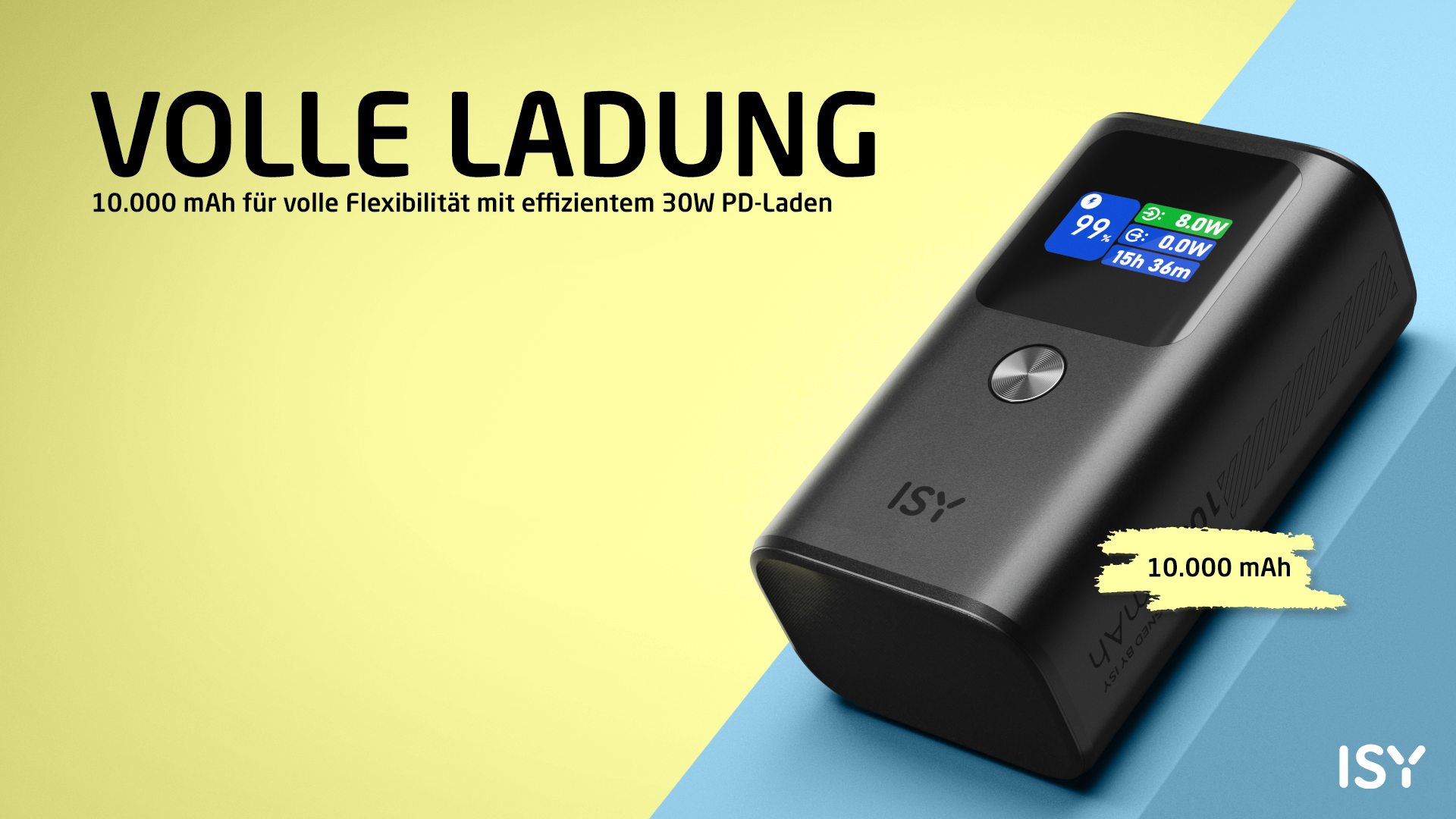 Schwarzer ISY Powerbank mit 10.000 mAh und Display, auf gelb-blauem Hintergrund.