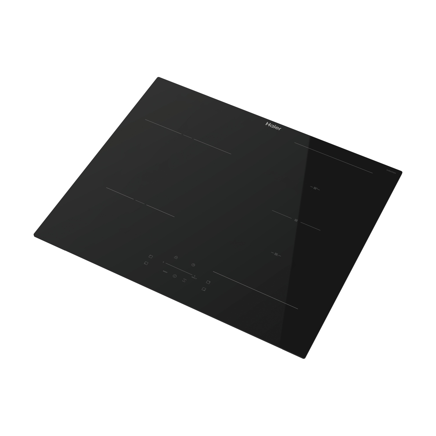 Piano cottura a induzione nero con quattro zone di cottura e comandi touch.