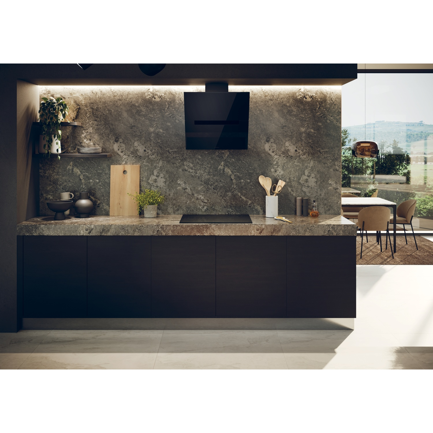 Cucina moderna con mobili scuri, piano di lavoro in marmo e piano cottura a induzione. Vista finestra.