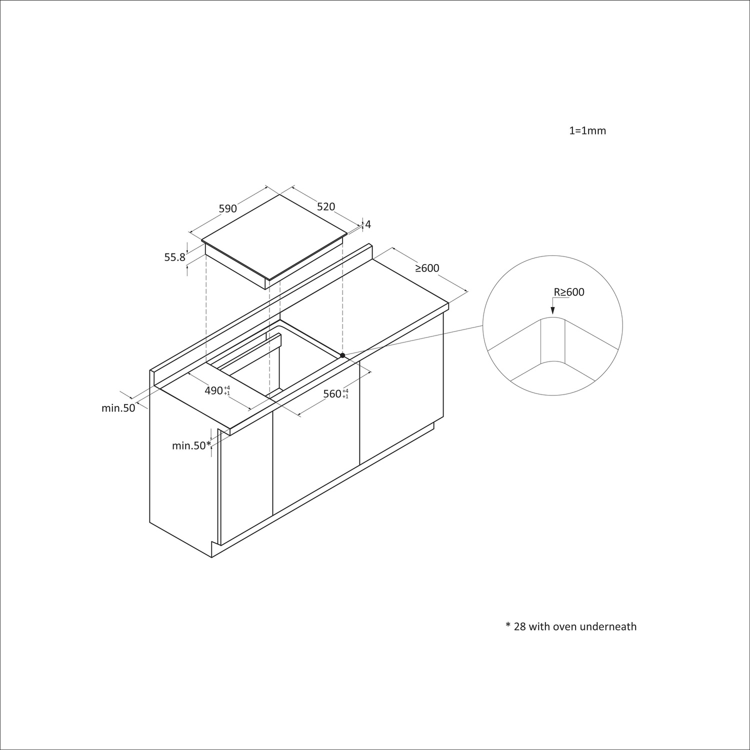 Disegno tecnico di un piano cottura sopra un mobile con dimensioni.