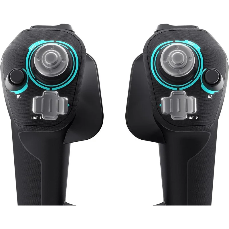 Dos joysticks negros con acentos azules y controles grises.