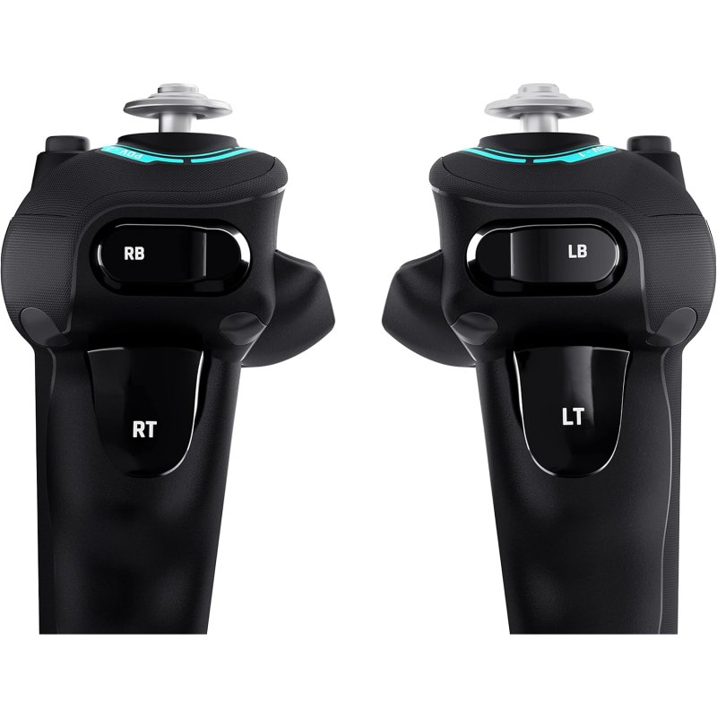 Dos mandos de juego negros con botones RB, RT, LB, LT y detalles azules.