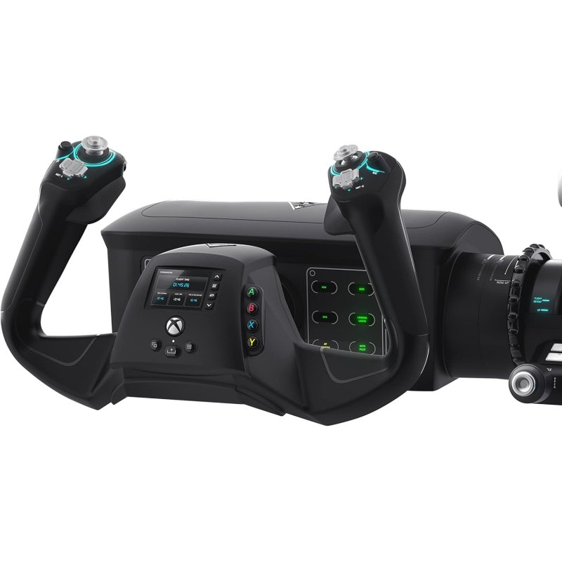 Controlador de simulador de vuelo negro con dos joysticks y pantalla.