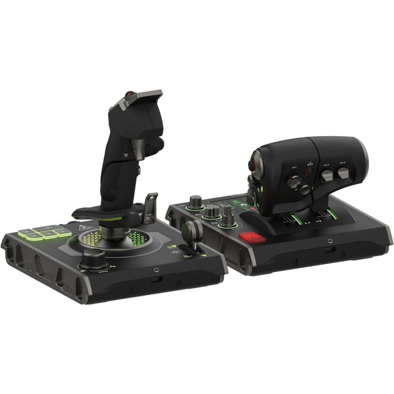 Dos joysticks negros para juegos con detalles verdes sobre fondo blanco.