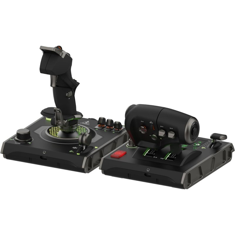Joystick y controles de acelerador negros con detalles verdes sobre fondo blanco.