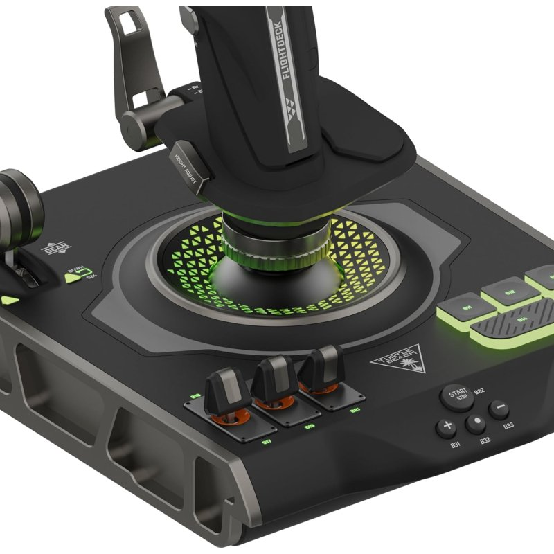 Un joystick negro para simulador de vuelo con iluminación verde y varios botones.