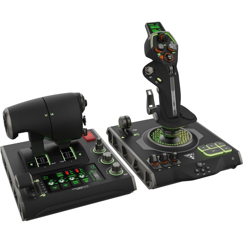 Joystick y mando de gases de simulador de vuelo negros con acentos verdes sobre fondo blanco.