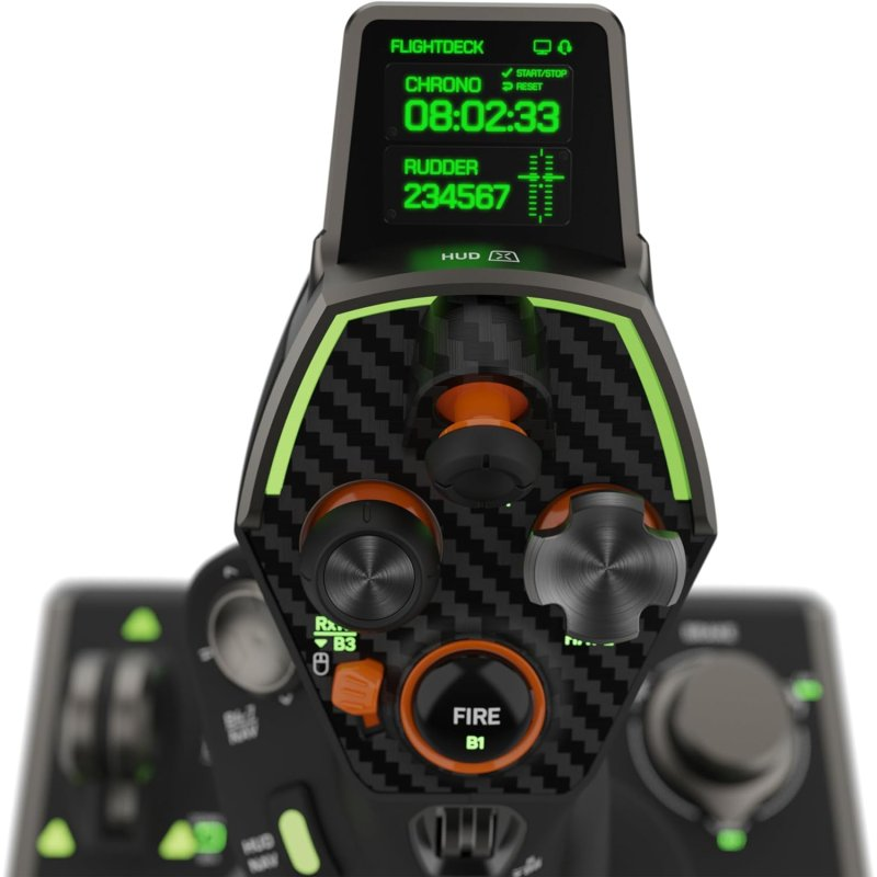 Un joystick negro de simulador de vuelo con pantalla e controles iluminados en verde.
