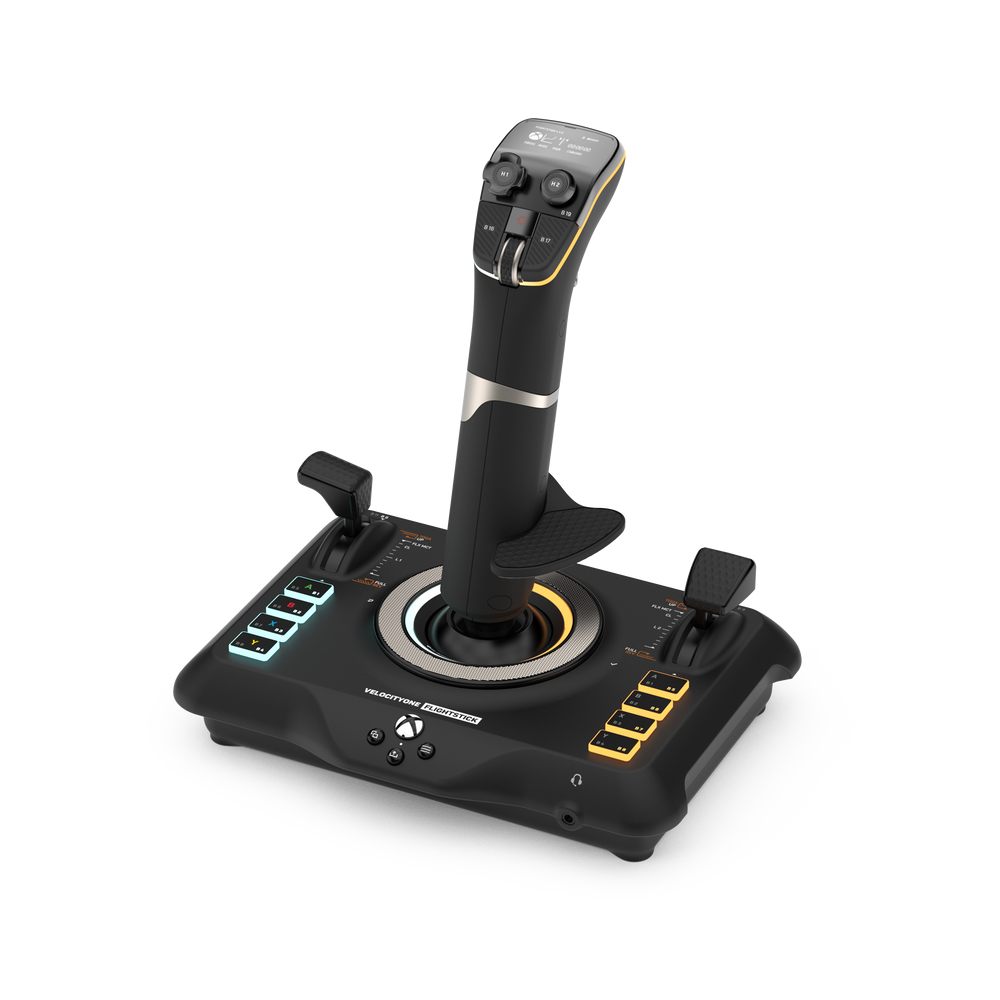 Joystick negro para simulador de vuelo con luces amarillas y azules sobre fondo blanco.
