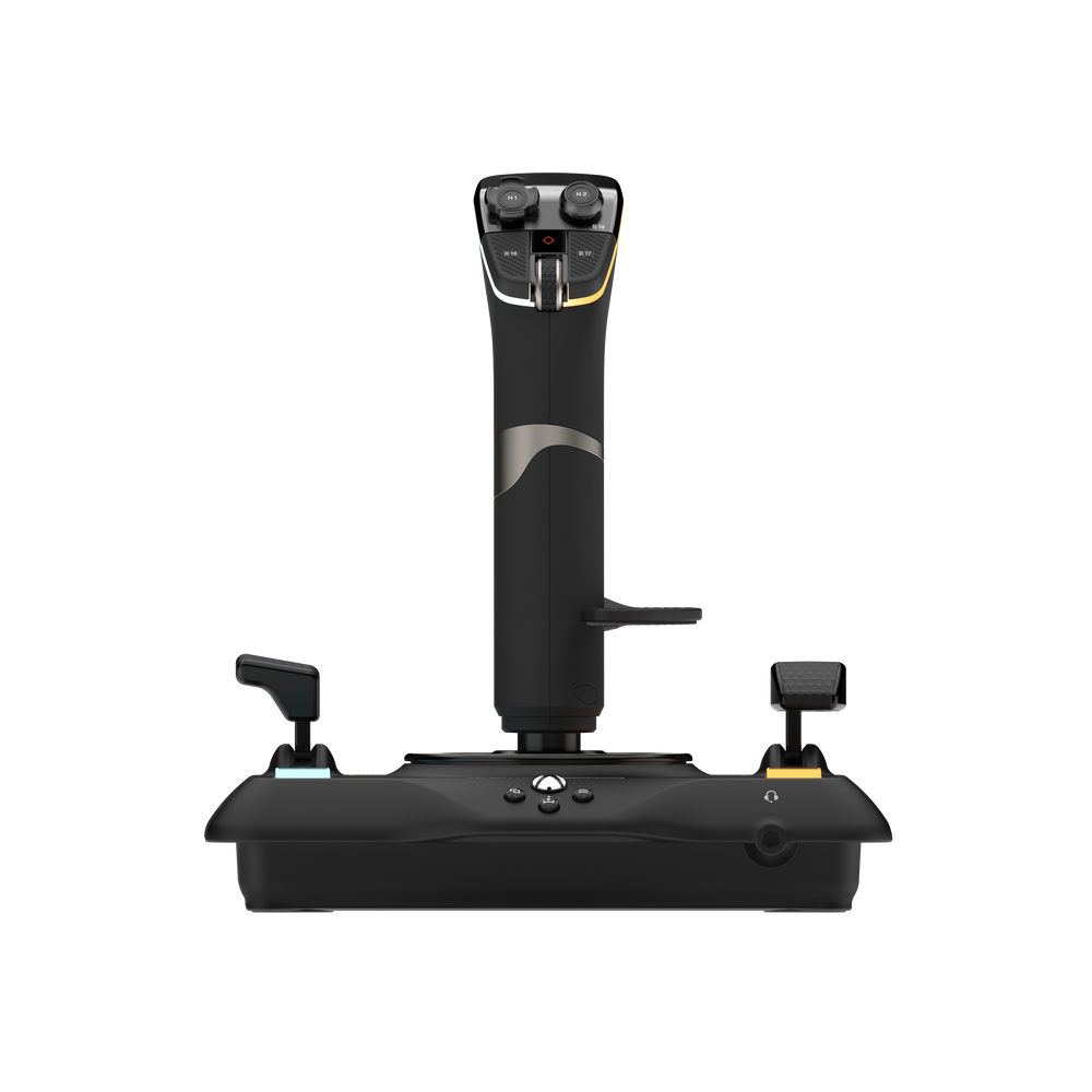 Un joystick negro con dos palancas de aceleración y botones en una base.