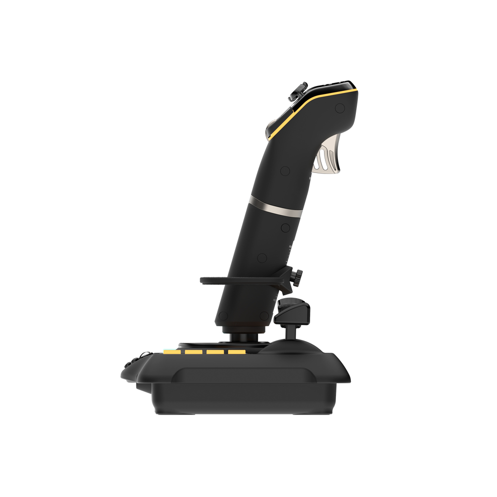 Un joystick negro con acentos y botones amarillos sobre fondo blanco.