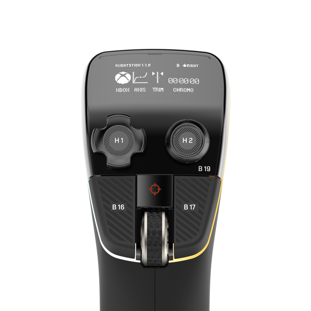 Un joystick negro con botones H1, H2, B16, B17, B19 y una pantalla.