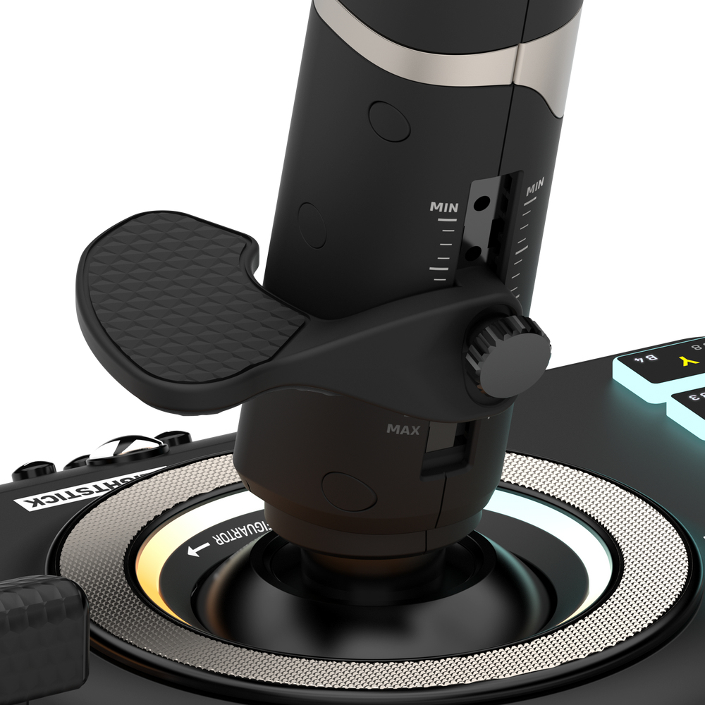 Un joystick negro con pedal y escalas de min/max.