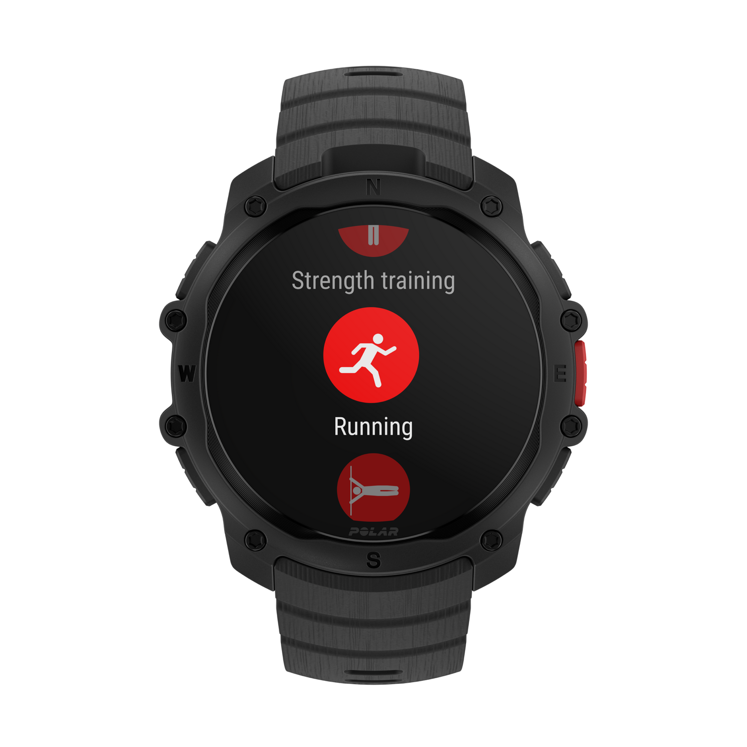 Reloj deportivo negro con rosa de los vientos y selección de entrenamiento en pantalla.