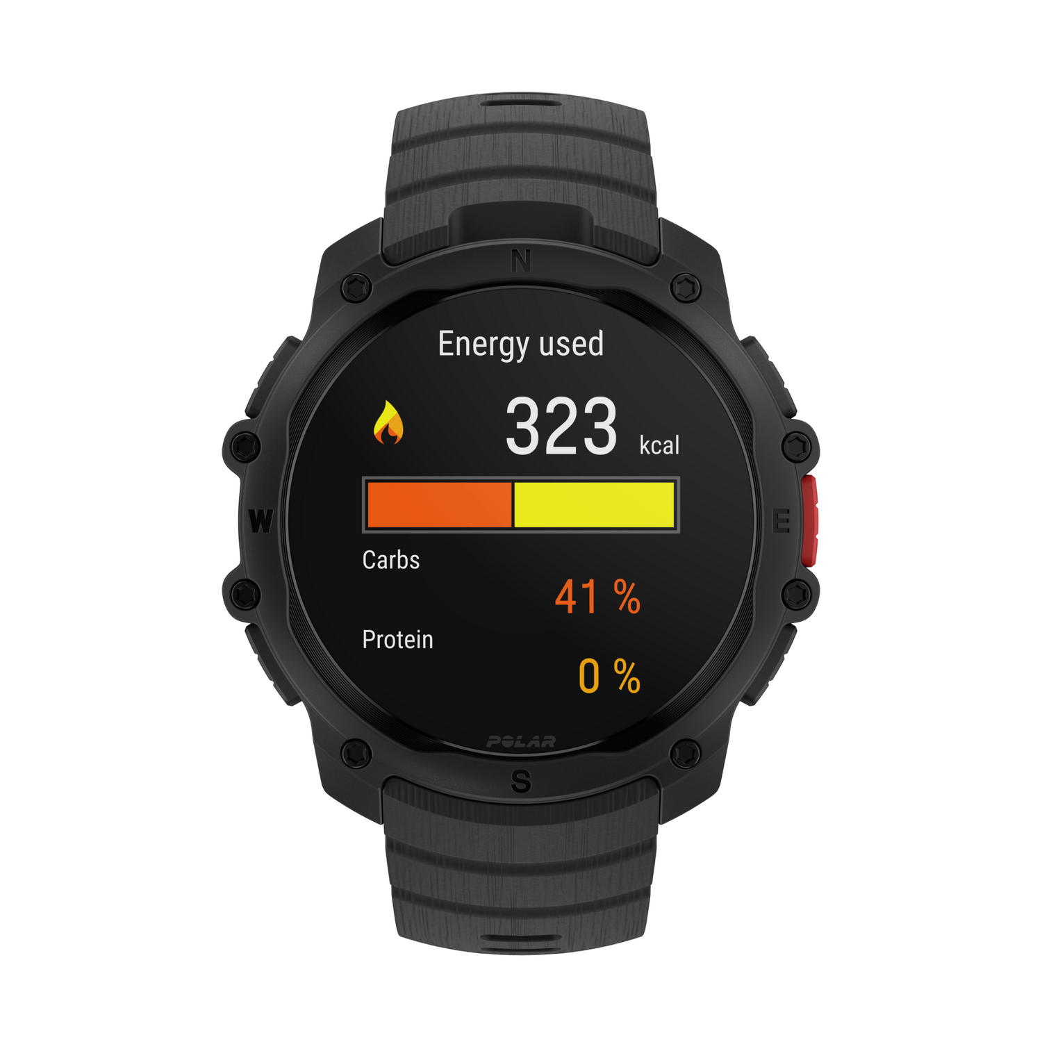 Un reloj inteligente negro muestra 323 kcal de energía usada, carbohidratos y proteínas.