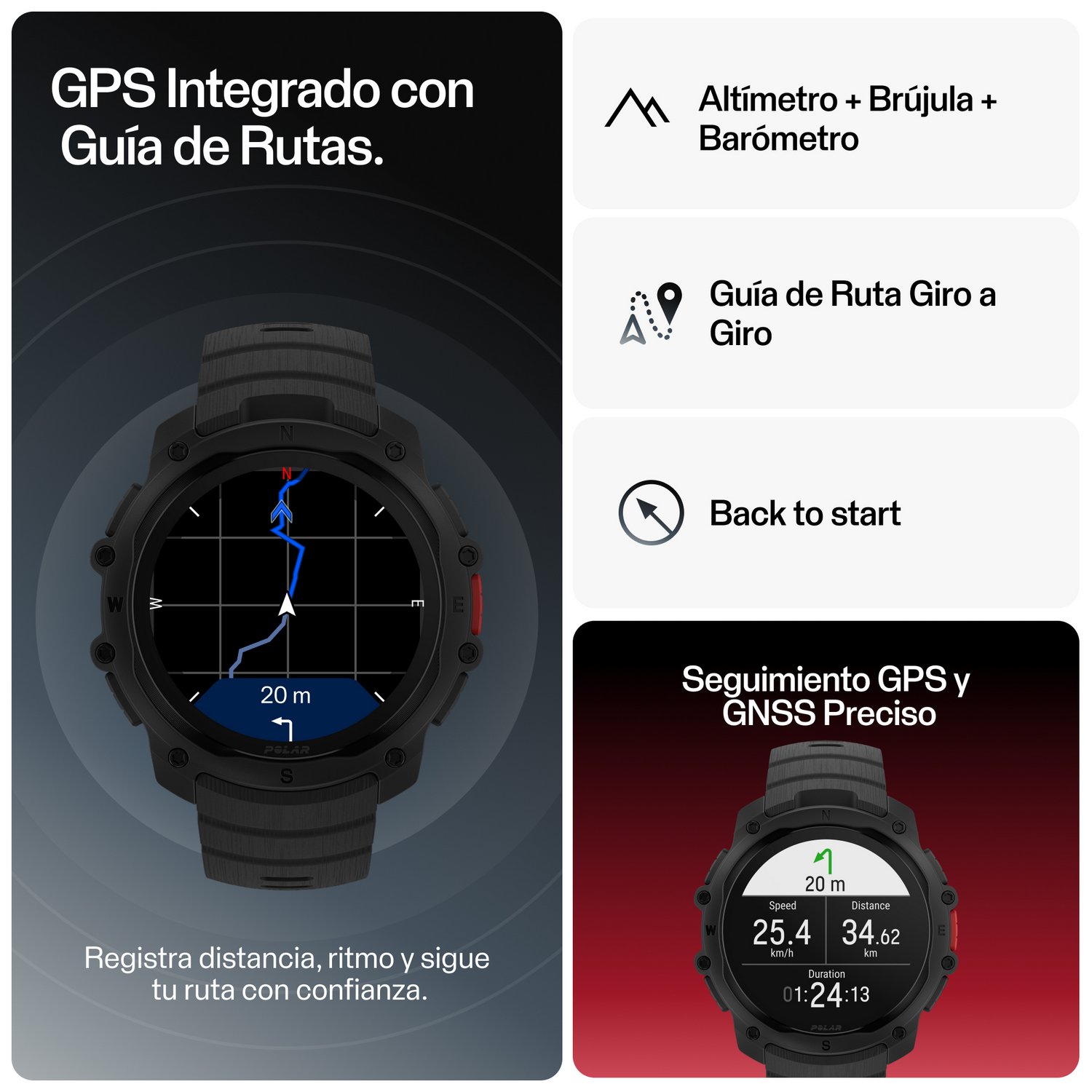 Reloj inteligente con guía GPS, altímetro, brújula, barómetro, distancia, ritmo y duración.
