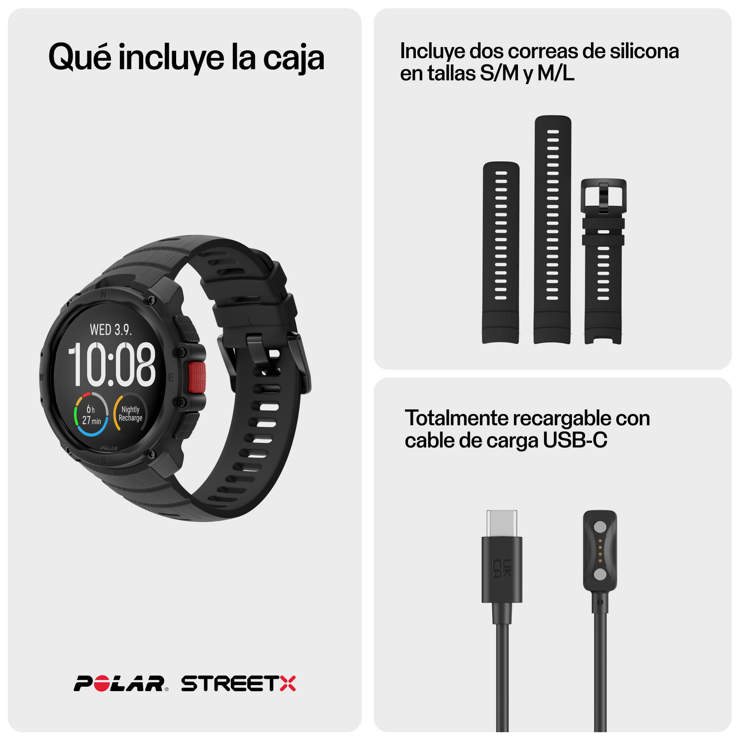 Un reloj inteligente negro con correas de repuesto y cable de carga USB-C.