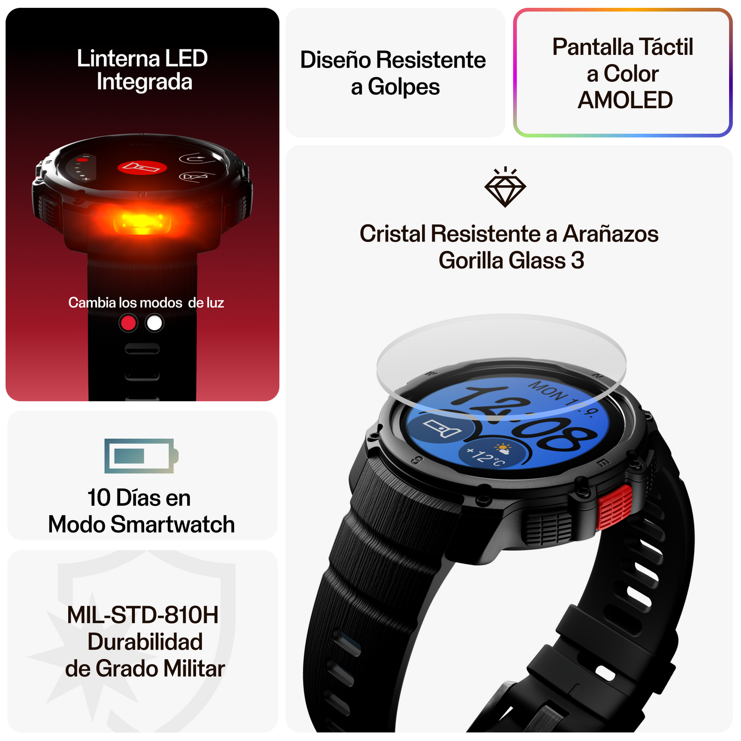 Smartwatch con linterna LED, resistente a golpes, pantalla AMOLED, cristal Gorilla Glass 3.