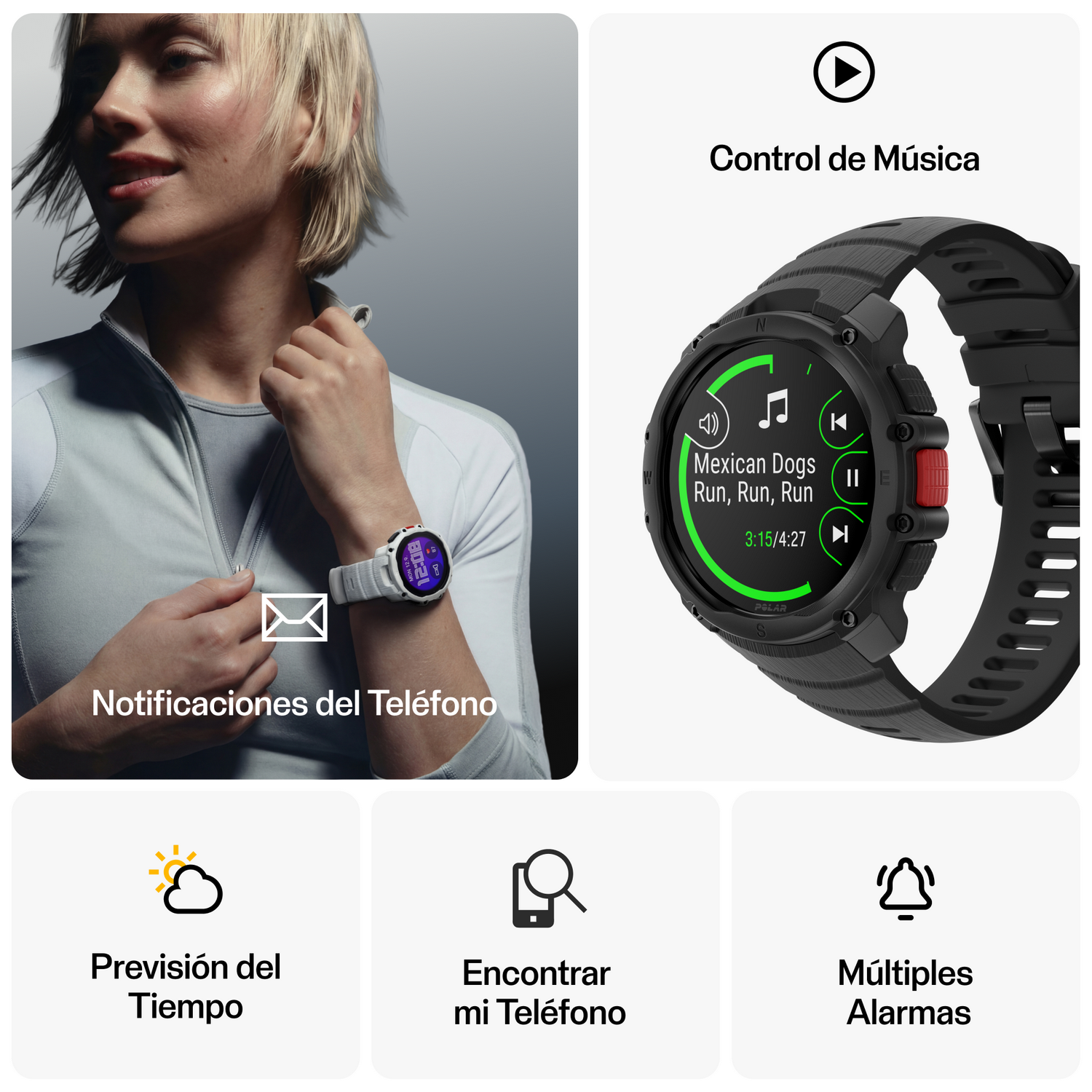 Mujer con smartwatch, control música, tiempo, encontrar, alarma