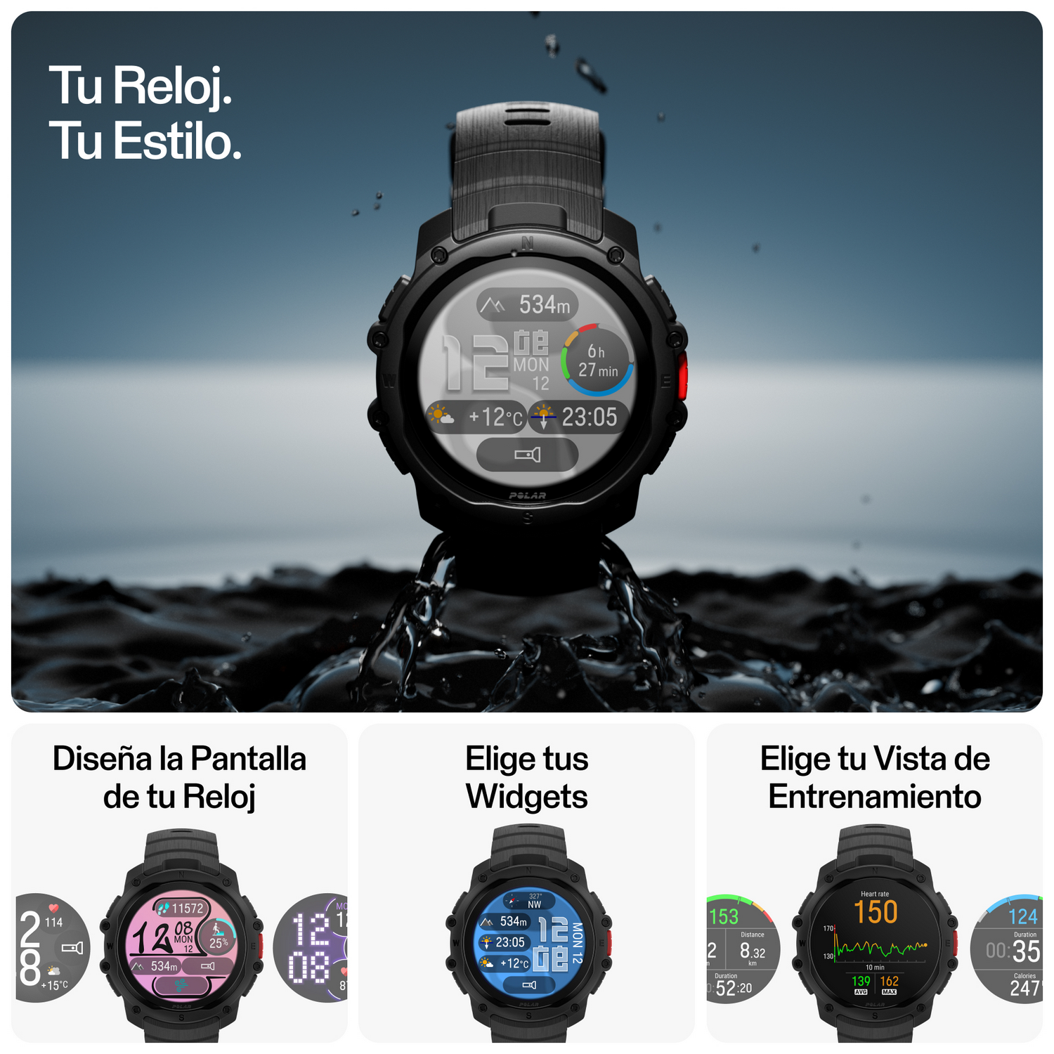 Un elegante reloj deportivo negro que muestra varias esferas y datos de entrenamiento.