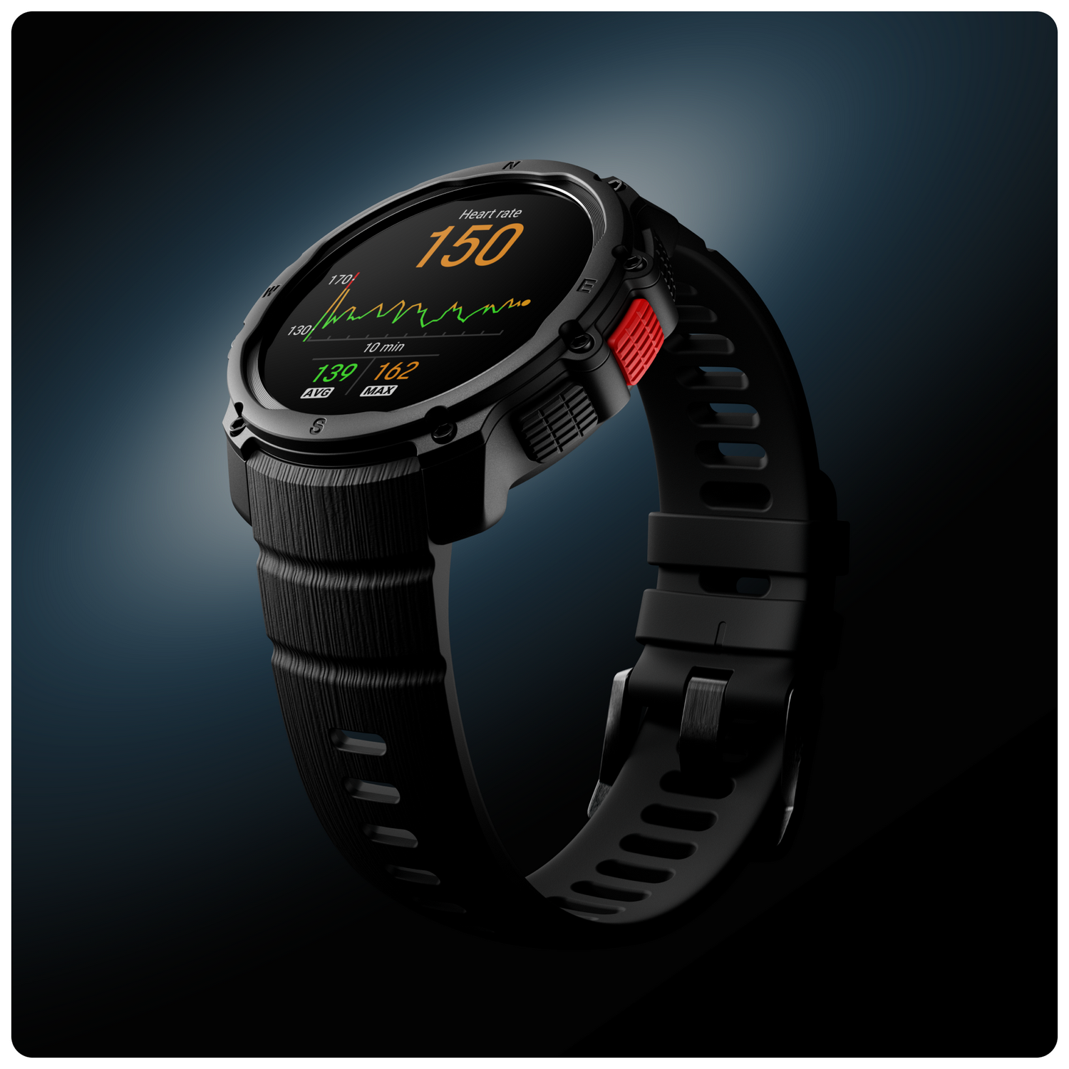 Reloj inteligente negro que muestra la frecuencia cardíaca en fondo oscuro.