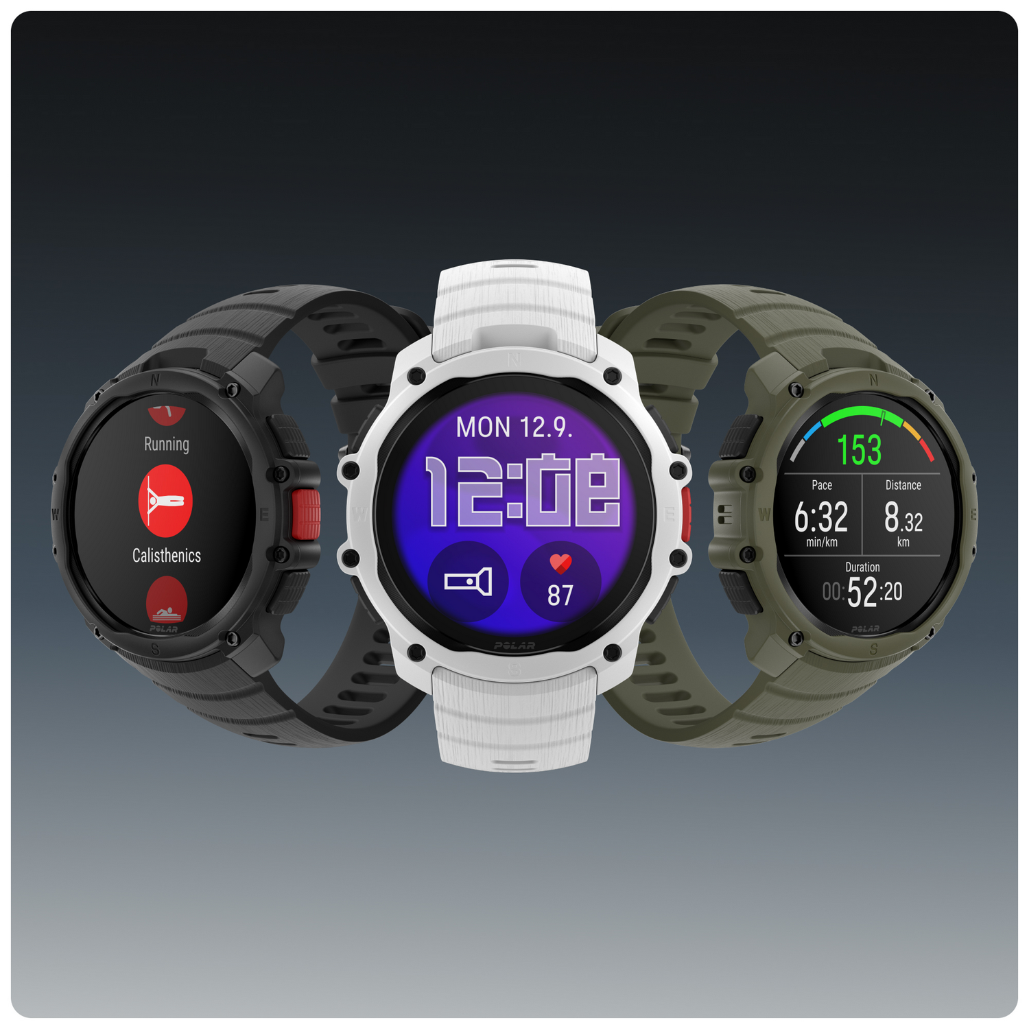 Tres relojes Polar en negro, blanco y caqui sobre fondo gris.