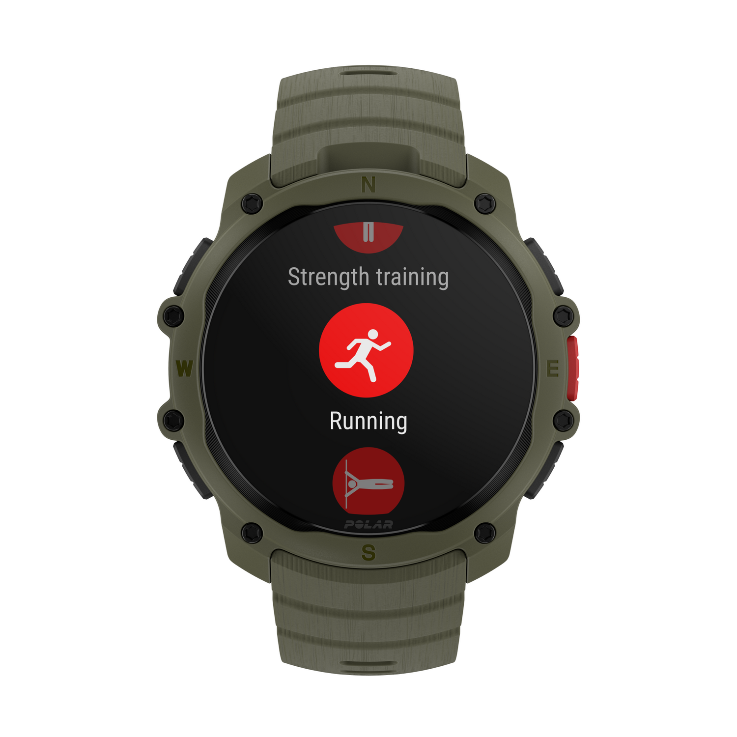 Reloj inteligente verde con pantalla negra mostrando correr y entrenamiento de fuerza.