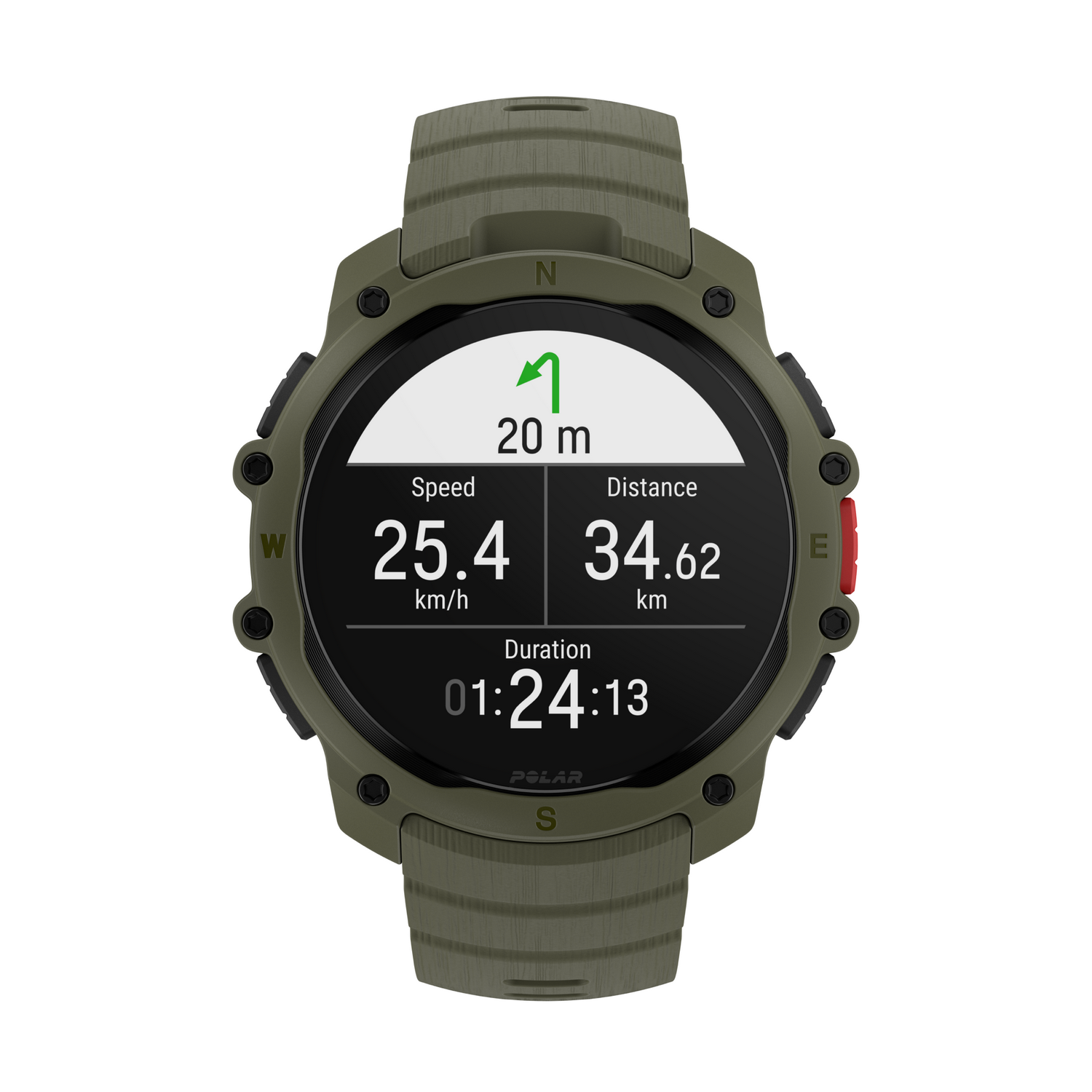Reloj verde con flecha de navegación, 20m, 25.4km/h, 34.62km, 1:24:13.