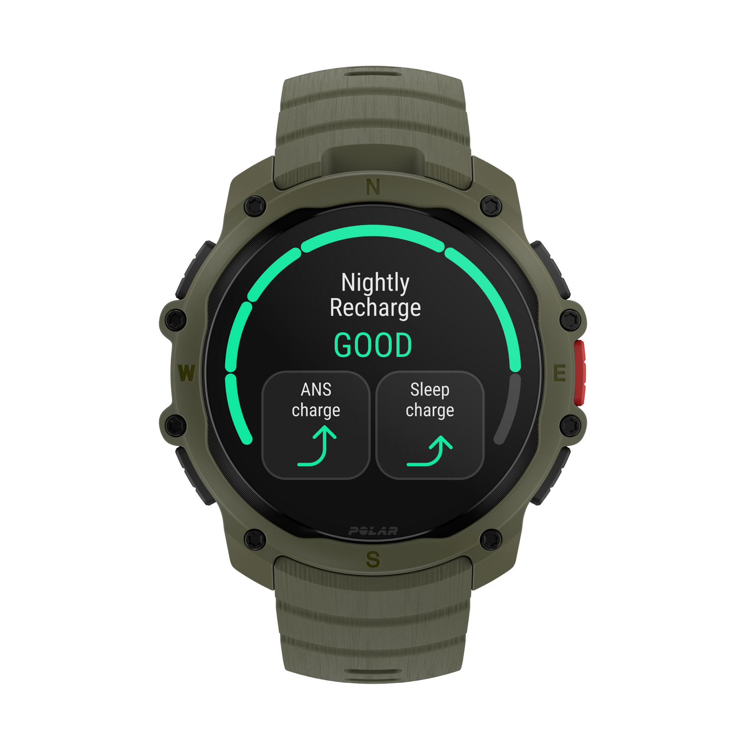 Smartwatch verde mostrando 'Nightly Recharge GOOD' con información de ANS y Sleep.