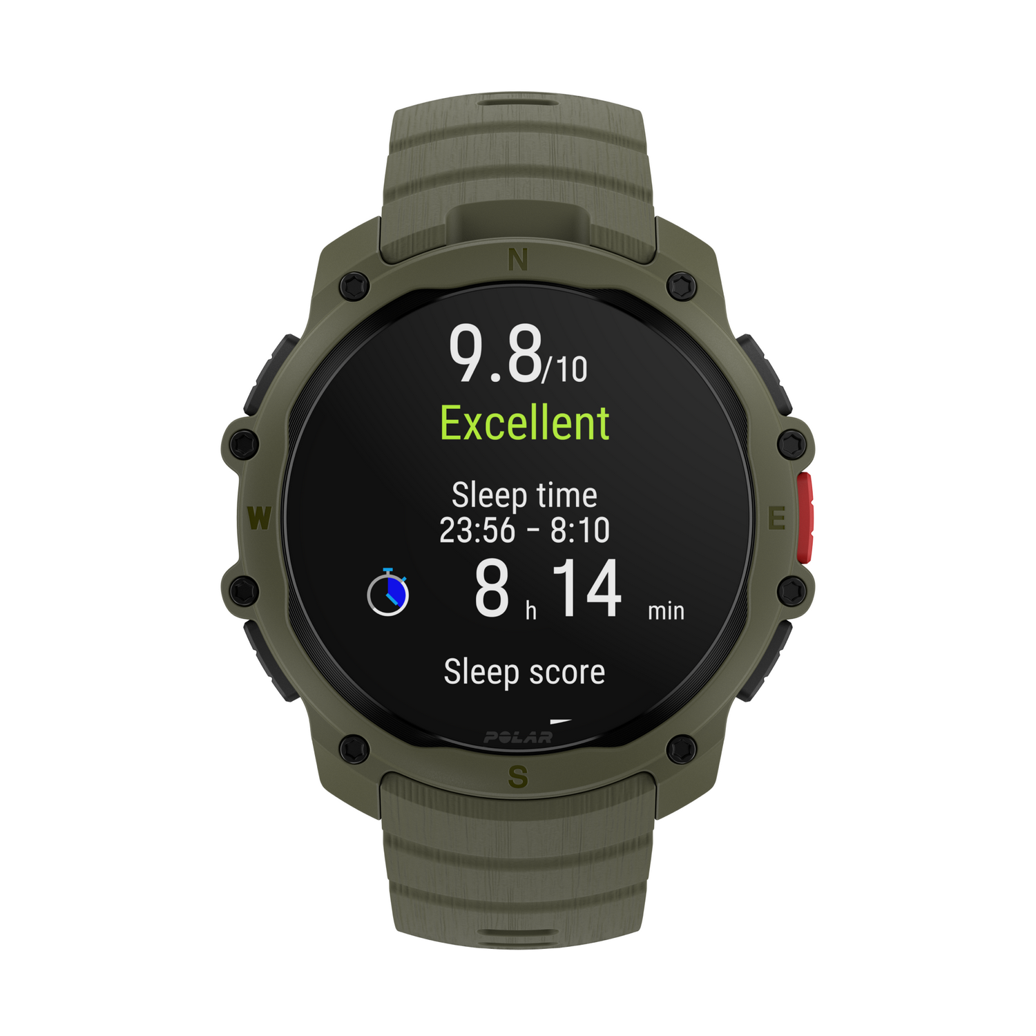 Un reloj inteligente verde muestra una puntuación de sueño de 9,8/10.