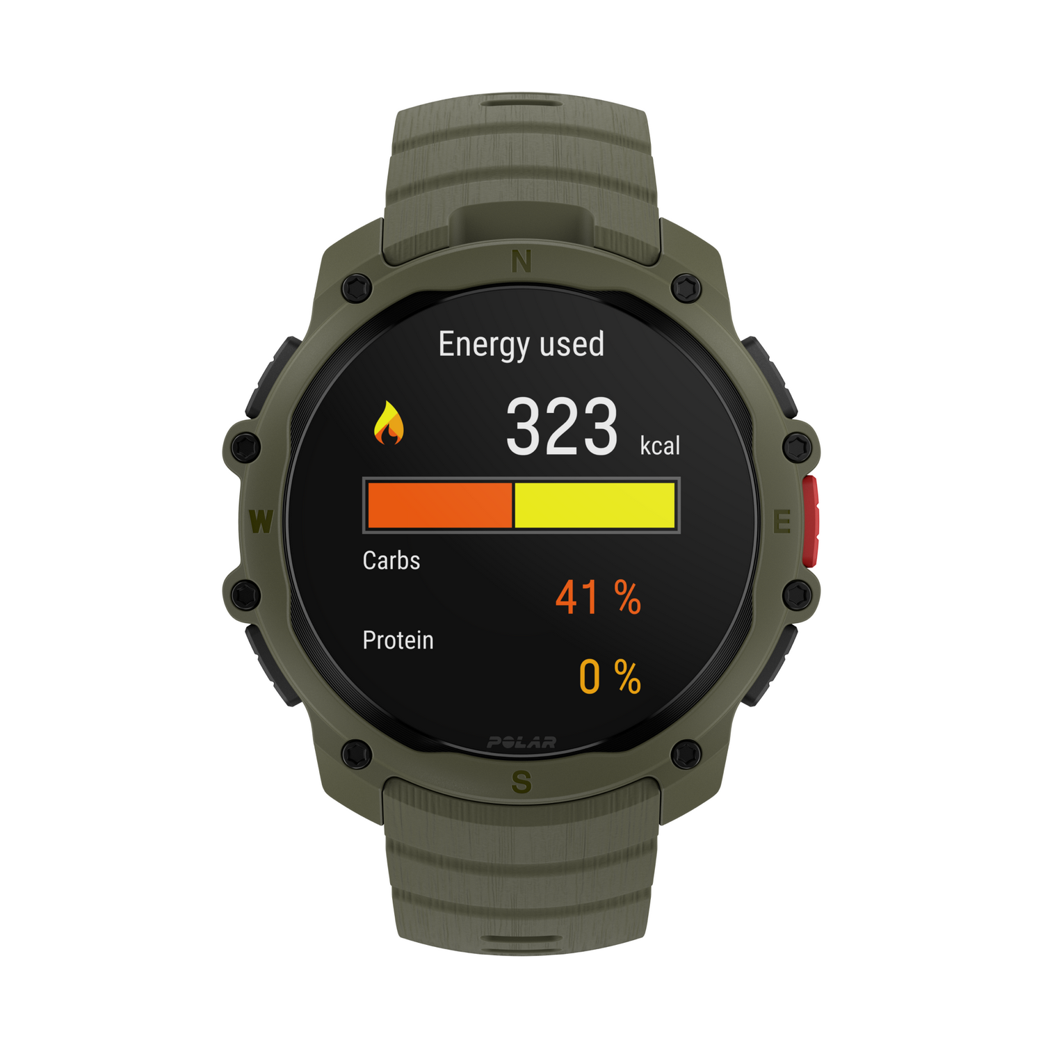 Un reloj inteligente verde muestra 323 kcal de energía usada.
