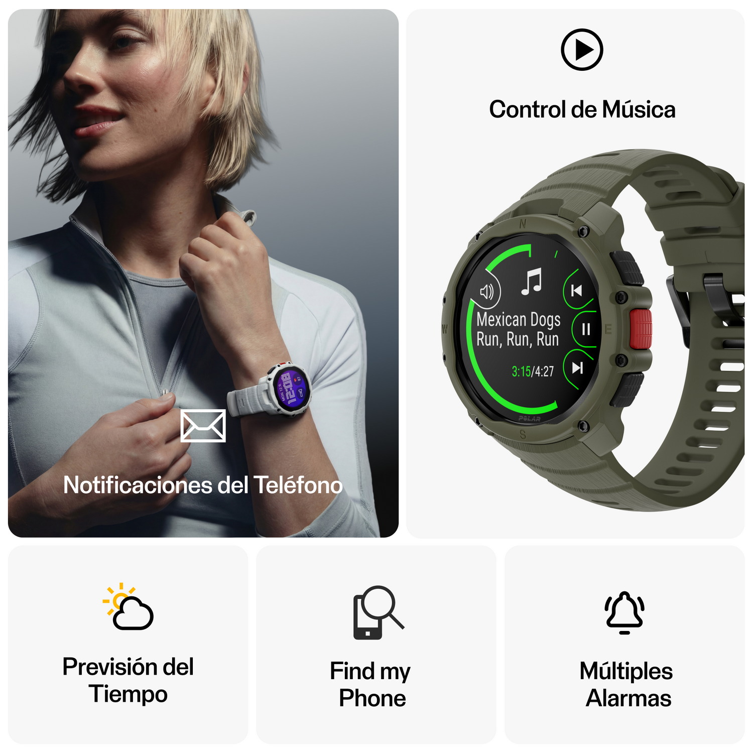 Mujer con reloj deportivo mostrando control de música y notificaciones.