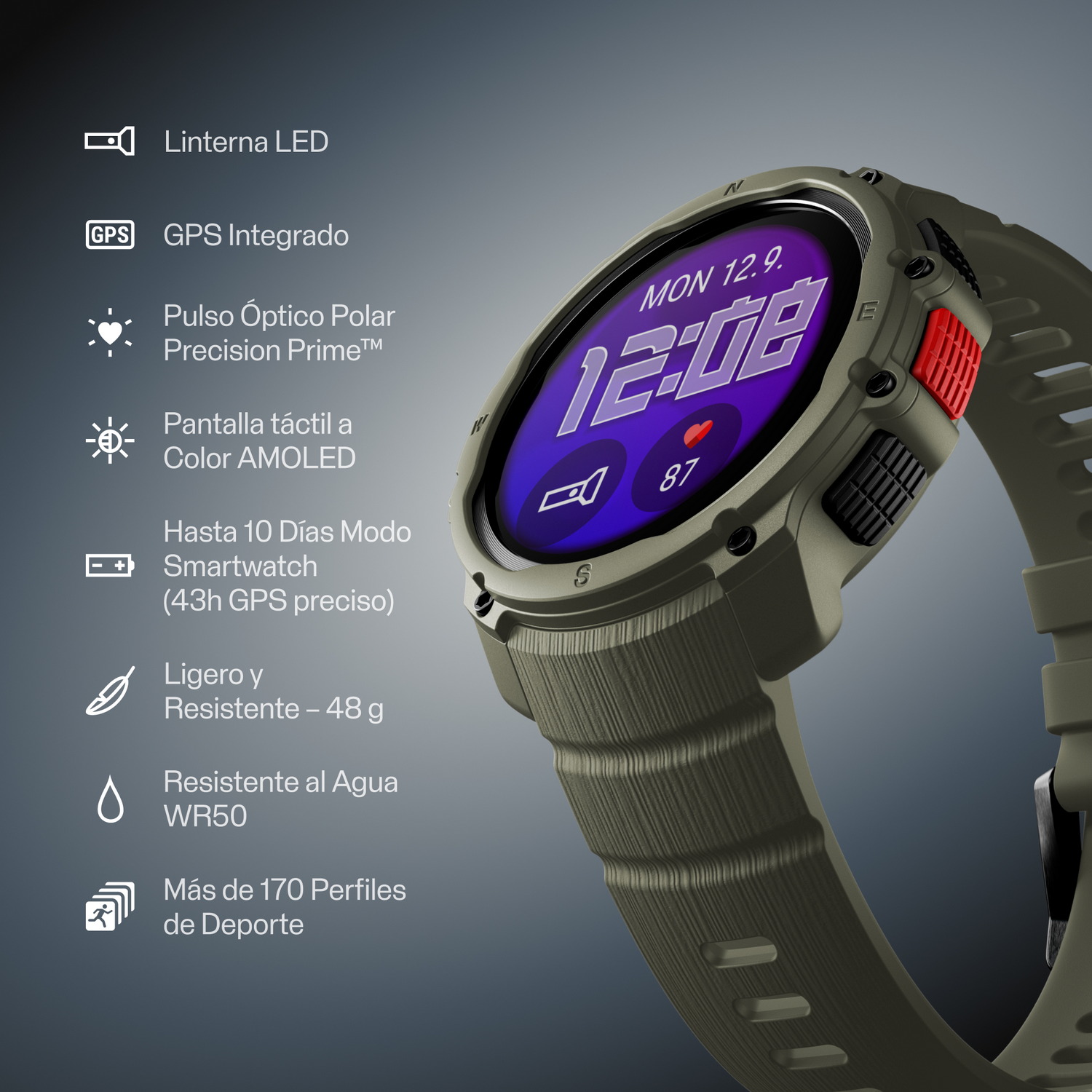 Reloj inteligente verde con funciones: LED, GPS, ritmo cardíaco, AMOLED, batería 10 días, 48g, WR50.
