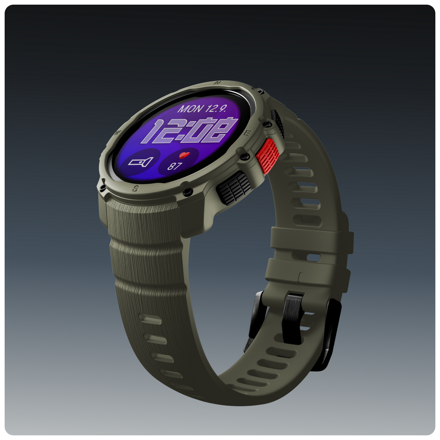 Un reloj inteligente verde con pantalla digital sobre fondo gris.