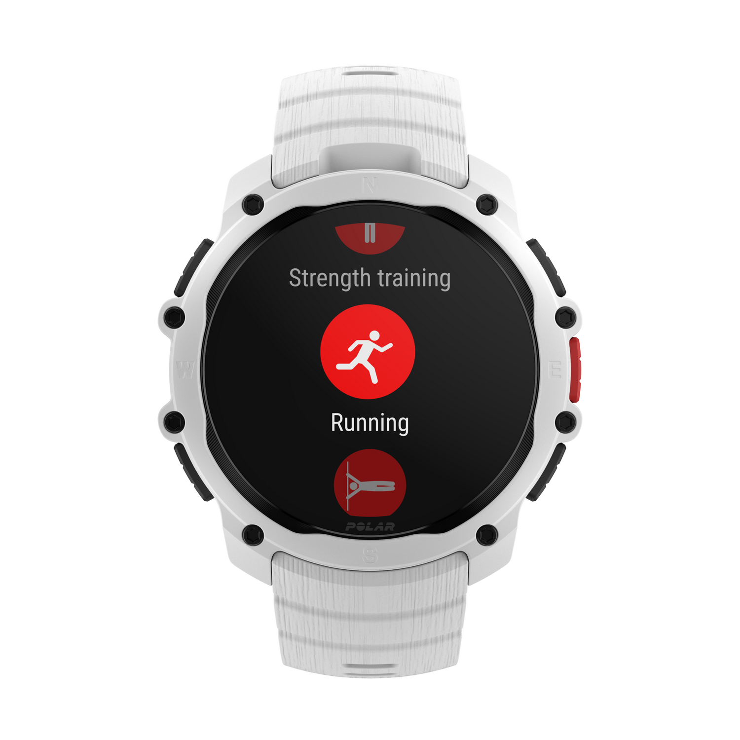 Reloj deportivo blanco con pantalla negra que muestra correr y entrenamiento de fuerza.