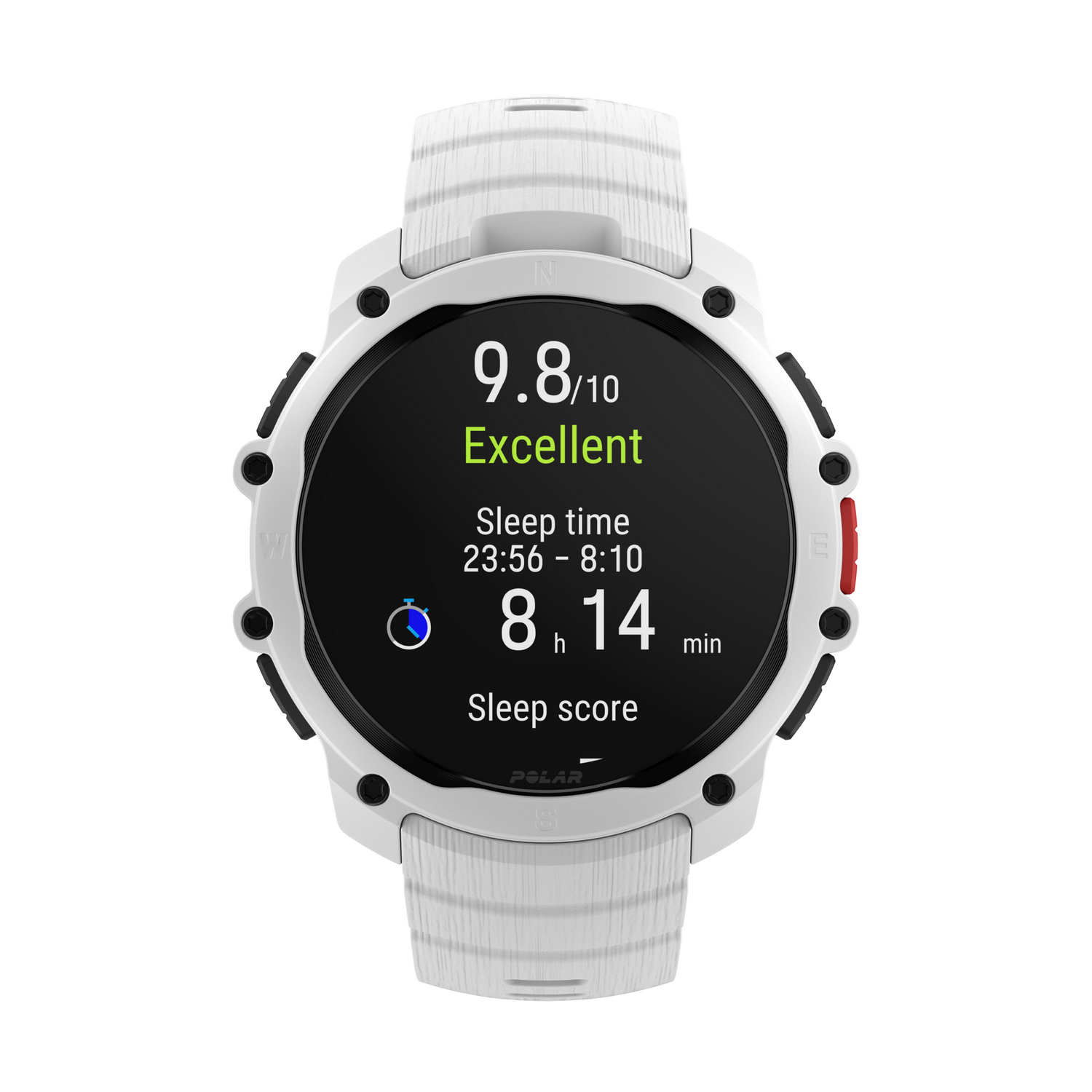 Reloj inteligente blanco con veta de madera muestra datos de sueño: 9.8/10, Excelente, 8h 14min.