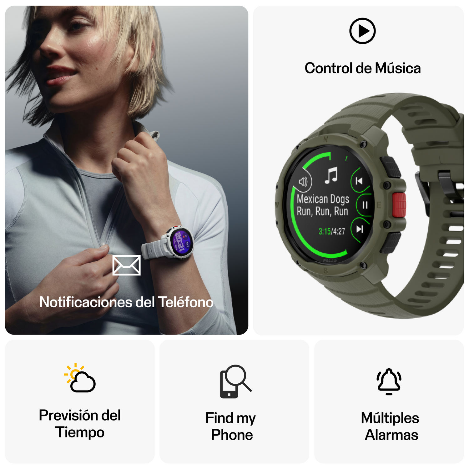 Una mujer lleva un smartwatch. Al lado, un smartwatch verde controla música.