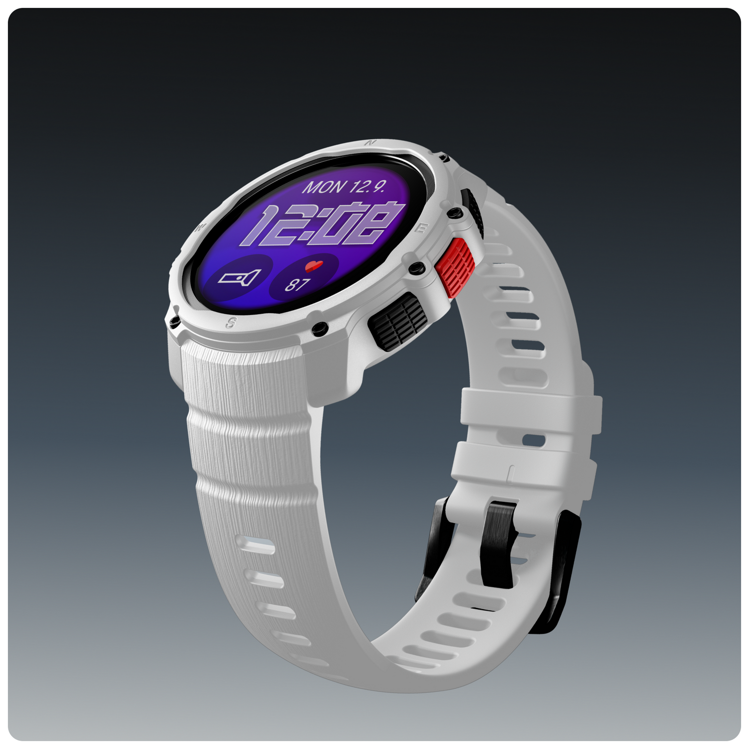Reloj inteligente blanco con pantalla púrpura que muestra las 12:08.