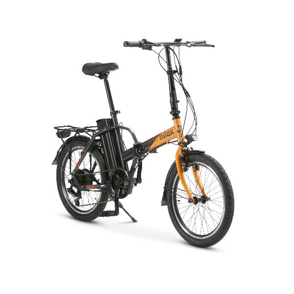 Una bicicleta eléctrica plegable naranja con portaequipajes y batería negros.