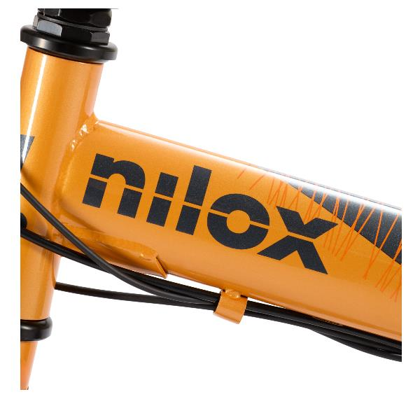 Cuadro de bicicleta naranja con logo negro "nilox" y cables.