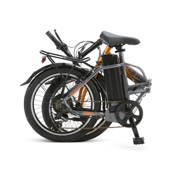 Bicicleta eléctrica plegada con cuadro naranja y batería negra.