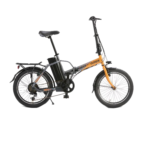 Bicicleta eléctrica plegable naranja con batería negra y portaequipajes.